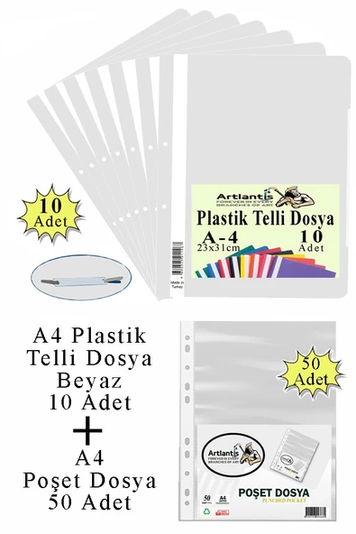 Telli Dosya Plastik A4 10 lu ve Poşet Dosya 50 li 1 Paket Ekonomik Kaliteli Şeffaf Kapak Telli Dosya Okul Büro Ofis - 3