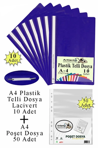Telli Dosya Plastik A4 10 lu ve Poşet Dosya 50 li 1 Paket Ekonomik Kaliteli Şeffaf Kapak Telli Dosya Okul Büro Ofis - 6