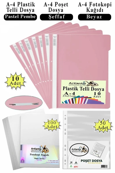 Telli Dosya Plastik A4 10 lu Poşet Dosya 50 li A4 Fotokopi Kağıdı 100 Adet 1 Paket Ekonomik Kaliteli Şeffaf Kapak Dosya - 12