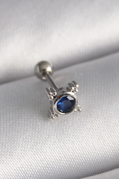 316L Çelik Gümüş Renk Mavi Zirkon Taşlı Tragus Piercing - TJ-PR1271 ürün görseli 1