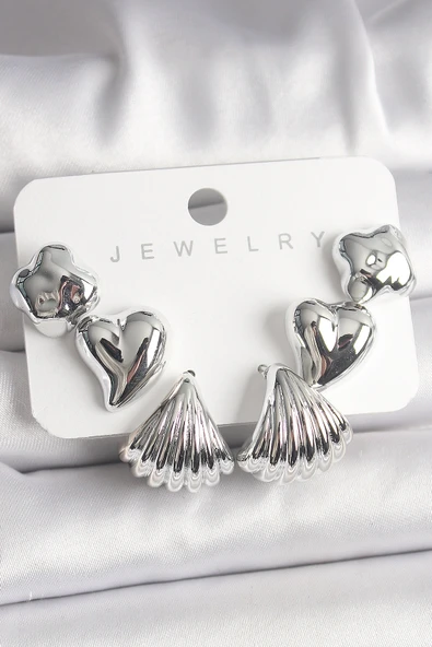 Gümüş Renk Yonca Kalp Deniz Kabuğu Figür CCB Kadın Küpe Seti - TJ-BKP10021 ürün görseli 1