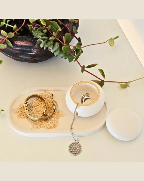 Tealight Mumluk & Tepsi Seti | Özel Tasarım | Kabartmalı Desen | 3 Parça | Gold Boyama - 9