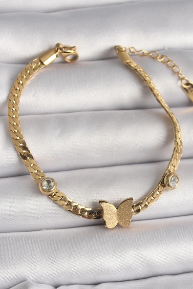 316L Çelik Gold Renk Yassı Zincir Zirkon Taşlı Simli Kelebek Figür Kadın Bileklik - TJ-BB6734 ürün görseli 1