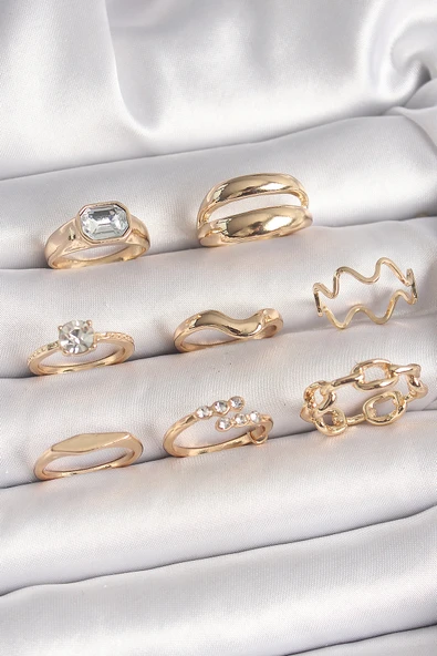 Pirinç Gold Renk Zirkon Taşlı Dalga Model Zincir Detay Kadın Yüzük Kombini - TJ-BYK3664