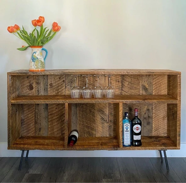 KUZELA  Masif Ahşap Metal Ayaklı Şaraplık Raf Düzenleyici