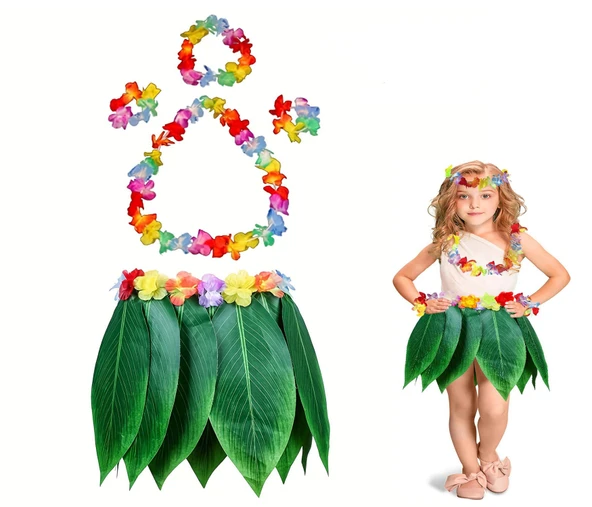 Çocuk Hawaii Kostüm Seti - Yaprak Etek & Hawaii Set - 5 Parça ürün görseli 1