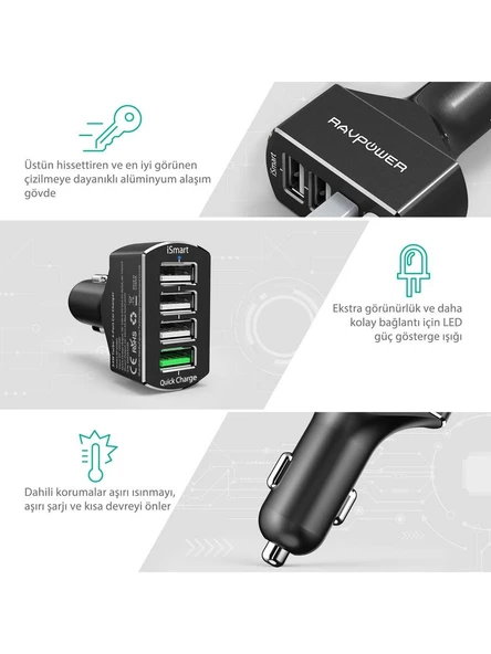 RAVPower RP-VC003 Car Charger 4-Port Charge 3.0 54W Araç Şarjı - 4