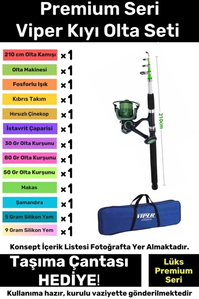 Hazır Kurulu Balık Viper Deniz Göl Kıyı Olta Seti Özel Üretim Şık Taşıma Çantalı 3m Kamış