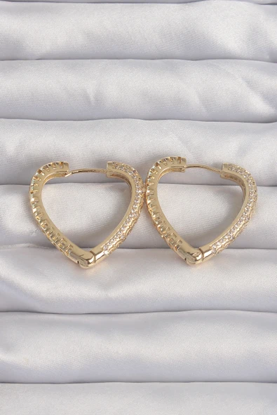Pirinç Gold Renk Zirkon Taşlı Motifli Kalp Küpe - TJ-BKP9285