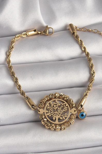 316L Çelik Gold Renk Burgu Zincir Model Dorika Yaşam Ağacı Figür Nazar Boncuk Detay Kadın Bileklik - TJ-BB6784