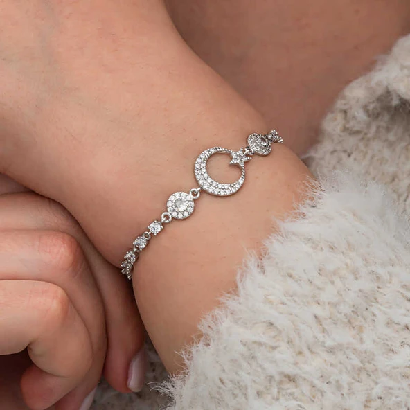KENPAZAR Gümüş Zirkon Taşlı Ay Yıldız Kadın Bileklik - Resim 2