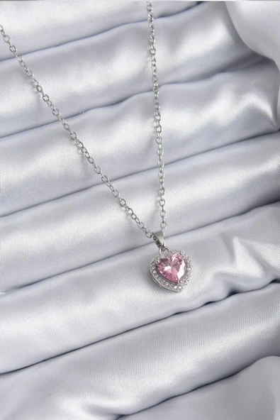 Çelik Mavi Kristal Kalp Kolye Silver Okyanusun Kalbi Pembe - 3