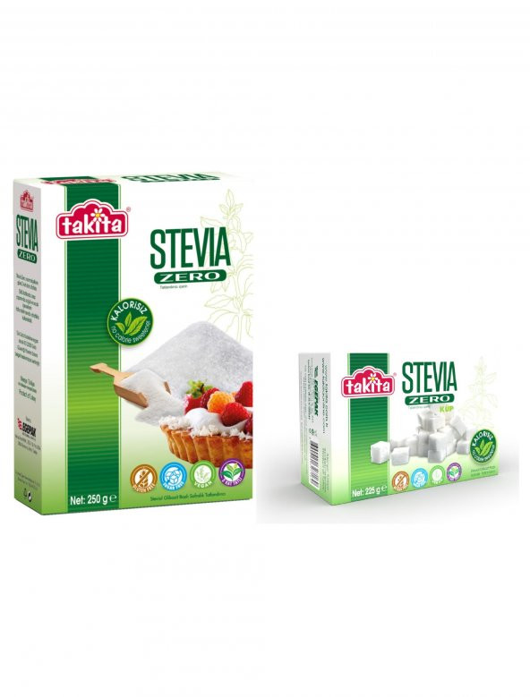 Takita Stevia Zero Beyaz 2’li Tatlandırıcı Set Toz Tatlandırıcı 250 g ve Küp Tatlandırıcı 225 g.