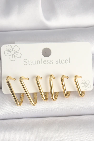316L Çelik Gold Renk Üçgen Model Kadın Küpe Seti - TJ-BKP10350