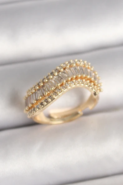 Pirinç Gold Renk Su Yolu Zirkon Taşlı Dalga Model Ayarlanabilir Kadın Yüzük - TJ-BYK3693
