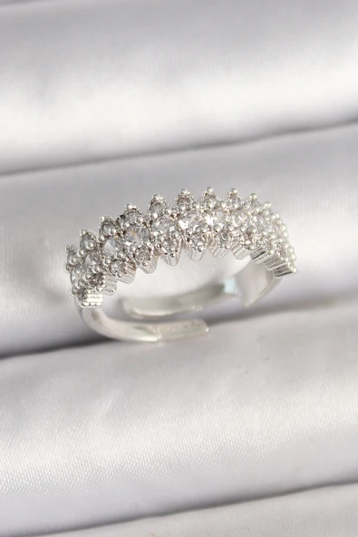 Pirinç Gümüş Renk Zirkon Taşlı Ayarlanabilir Kadın Yüzük - TJ-BYK3688