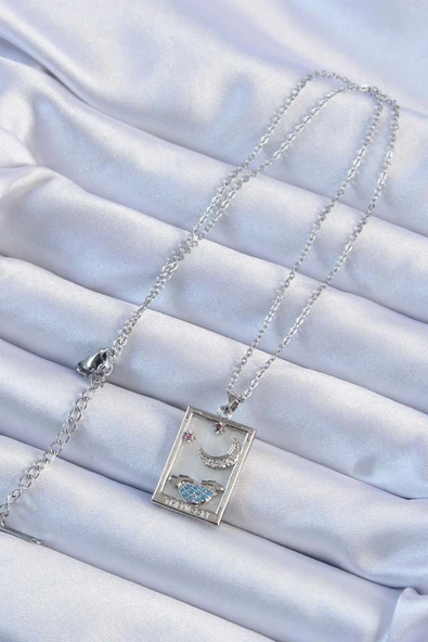 316L Çelik Zincir Gümüş Renk Zirkon Taşlı Ay Figürlü Tarot Kolye - TJ-BKO9252 - Resim 2