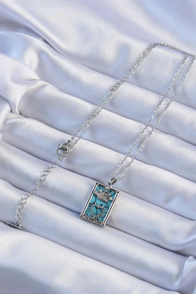 316L Çelik Zincir Gümüş Renk Zirkon Taşlı Mavi Mermer Desenli Taç Model Tarot Kolye - TJ-BKO9244 - 2