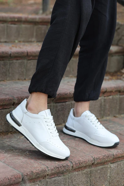Alfeo Beyaz Cilt Garantili Bağcıklı Hakiki Deri Ortopedik Taban Erkek Günlük Sneaker Spor Ayakkabı