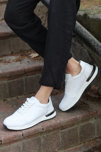Alfeo Beyaz Cilt Garantili Bağcıklı Hakiki Deri Ortopedik Taban Erkek Günlük Sneaker Spor Ayakkabı - 4