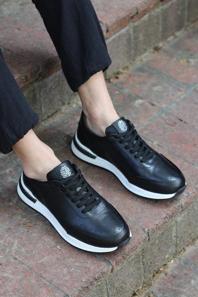 Alfeo Siyah Cilt Garantili Bağcıklı Hakiki Deri Ortopedik Taban Erkek Günlük Sneaker Spor Ayakkabı - 2