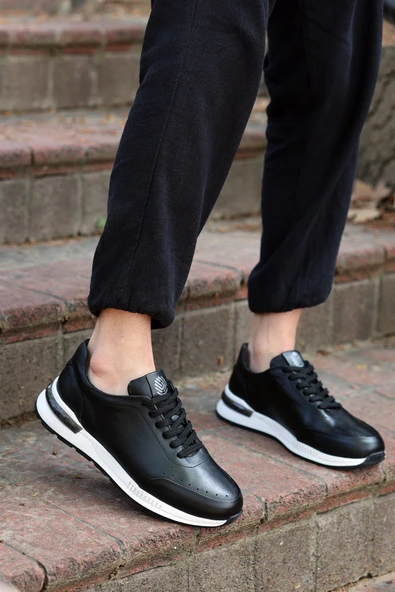 Alfeo Siyah Cilt Garantili Bağcıklı Hakiki Deri Ortopedik Taban Erkek Günlük Sneaker Spor Ayakkabı