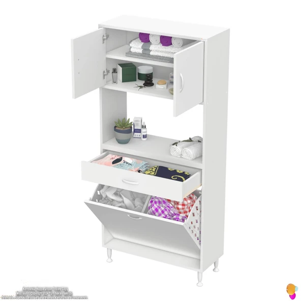 Modilayn ARDA 70x173x32,5 cm 1 Çekmece 2 Göz Sepetli ve 3 Raf Akıllı Dolap ile Dağınıklığa Son - Resim 5