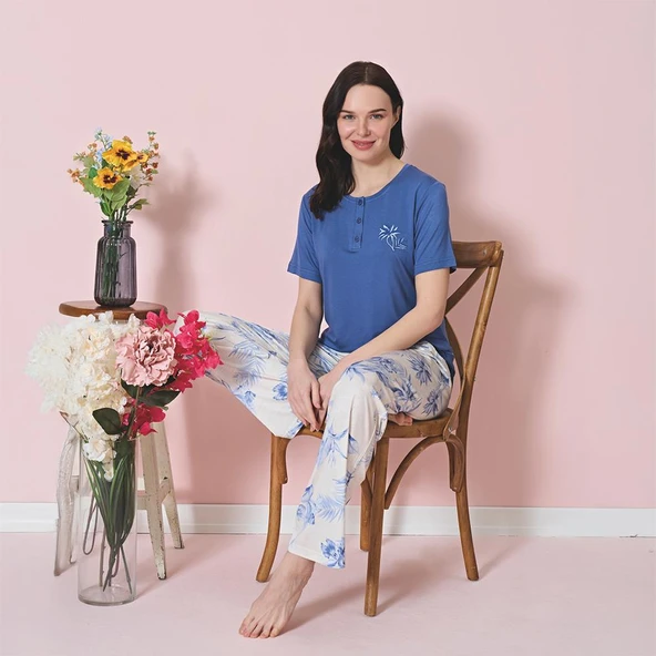 Over Sleep 1828 Kadın Kısa Kol Viskon Yazlık Pijama Takım