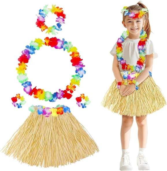 Yetişkin Çocuk Hawaii Parti Seti - 40 Cm Naturel Etek + Çiçek Aksesuarlar (5 Parça)