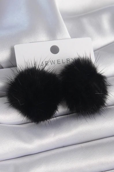 Siyah Renk Tüylü Ponpon Model Kadın Küpe - TJ-BKP9563 ürün görseli 1