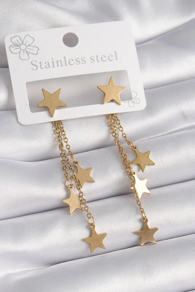 316L Çelik Gold Renk Yıldız Model Çoklu Sallantı Yıldız Kadın Küpe - TJ-BKP9586 ürün görseli 1