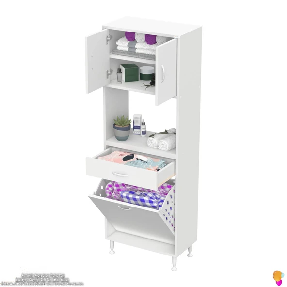 Modilayn ARDA 55x173x32,5 cm 1 Çekmece 1 Göz Sepetli ve 3 Raf Akıllı Dolap ile Dağınıklığa Son - Resim 5