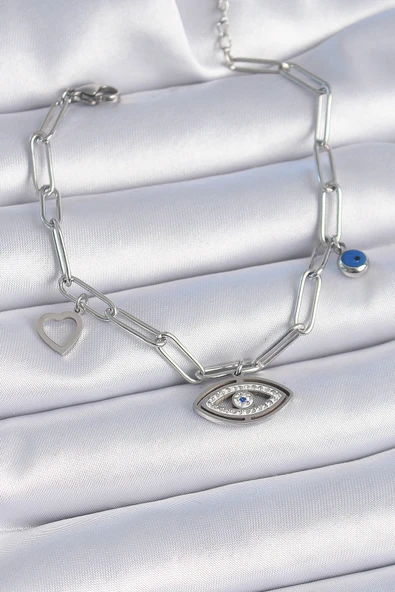 316L Çelik Gümüş Renk Zirkon Taşlı Göz Figür Kalp Detay Kadın Bileklik - TJ-BB6442 ürün görseli 1