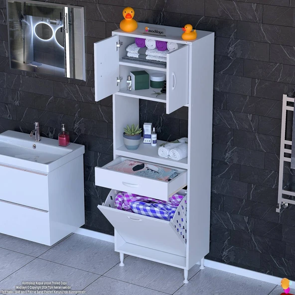 Modilayn ARDA 60x173x32,5 cm 1 Çekmece 1 Göz Sepetli ve 3 Raf Akıllı Dolap ile Dağınıklığa Son