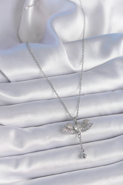 316L Çelik Zincir Gümüş Renk Zirkon Taşlı Kanat Model Sallantı Detay Kadın Kolye - TJ-BKO9380 - 2
