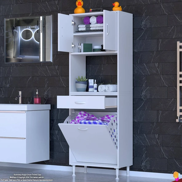 Modilayn ARDA 60x173x32,5 cm 1 Çekmece 1 Göz Sepetli ve 3 Raf Akıllı Dolap ile Dağınıklığa Son - 2