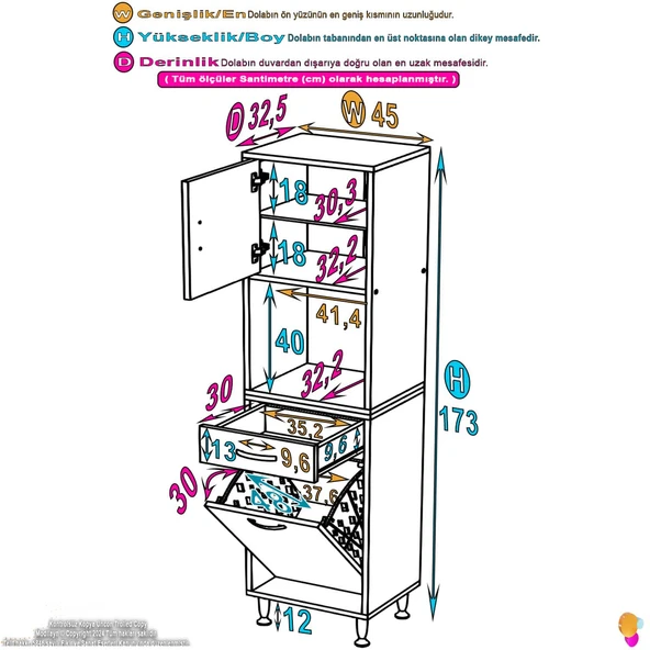 Modilayn ARDA 45x173x32,5 cm 1 Çekmece 1 Göz Sepetli ve 3 Raf Akıllı Dolap ile Dağınıklığa Son - 4