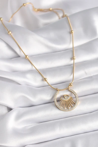 316L Çelik Gold Renk Zirkon Taşlı Göz Model Kadın Kolye - TJ-BKO9404 - 2