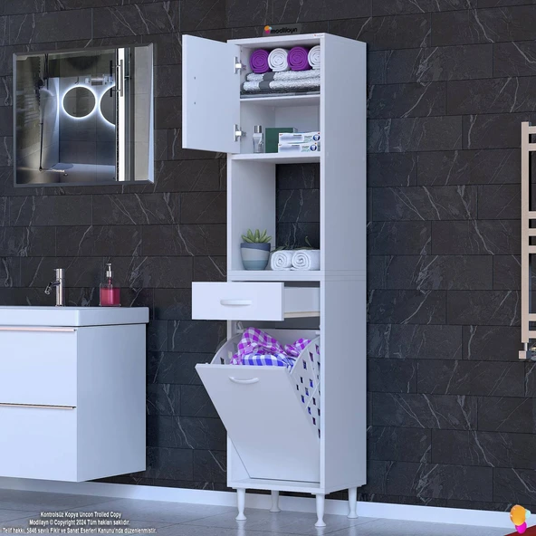 Modilayn ARDA 40x173x32,5 cm 1 Çekmece 1 Göz Sepetli ve 3 Raf Akıllı Dolap ile Dağınıklığa Son - Resim 2