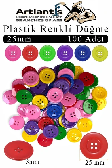 Renkli Düğme Plastik 2.5 cm 100 lü 1 Paket 25mm Plastik Renkli Düğme Dikiş Parlak Yuvarlak 4 Delikli Düğme Etkinlik Okul