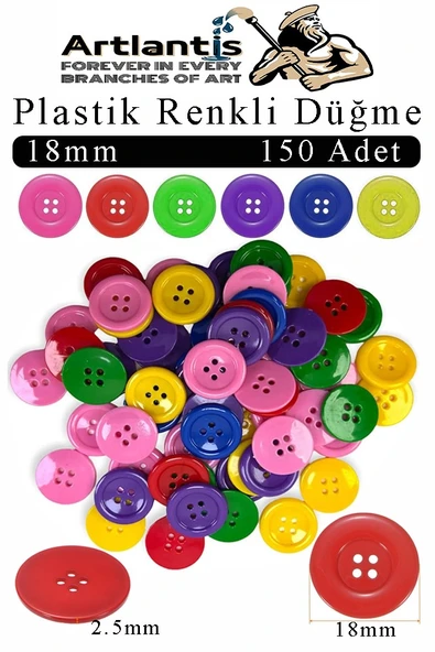 Renkli Düğme Plastik 1.8cm 150 li 1 Paket 18 mm Plastik Renkli Düğme Dikiş Parlak Yuvarlak 4 Delikli Düğme Etkinlik Okul - 1