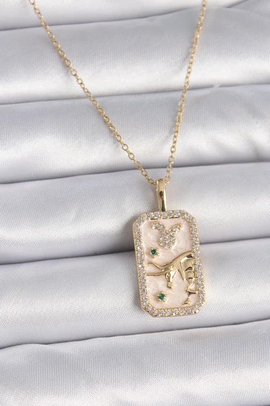 316L Çelik Gold Renk Zincir Boğa Burcu Zirkon Taşlı Kadın Kolye - TJ-BKO9466 ürün görseli 1