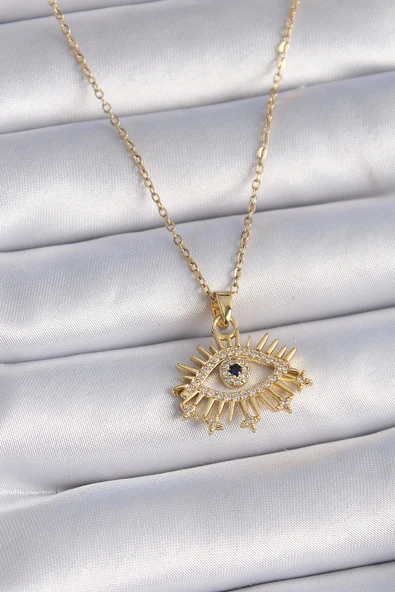 316L Çelik Gold Renk Zirkon Taşlı Göz Model Kadın Kolye - TJ-BKO9435