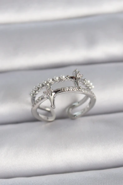 Pirinç Gümüş Renk Ayarlanabilir Zirkon Taşlı Kutup Yıldız İnci Detay Kadın Yüzük - TJ-BYK3393 ürün görseli 1