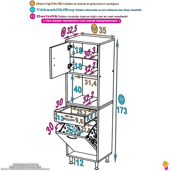 Modilayn ARDA 35x173x32,5 cm 1 Çekmece 1 Göz Sepet ve 3 Raf Akıllı Dolap - Resim 4