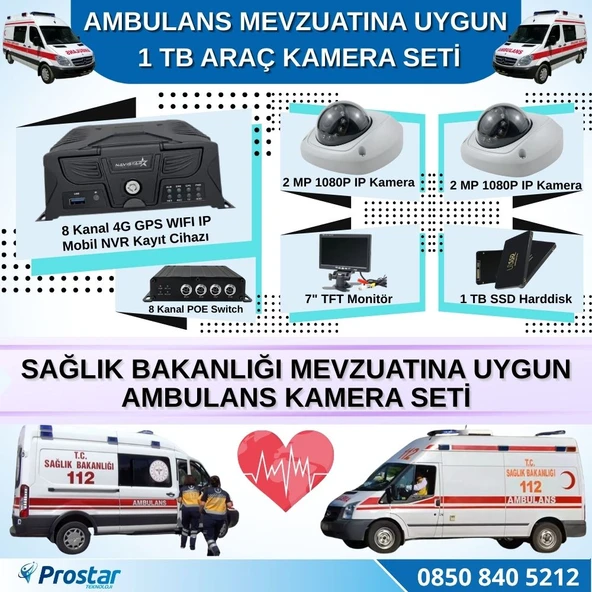 Ambulans Mevzuatına Uygun 2 Kameralı 8 Kanal Mobil NVR 1 TB 7 inç Monitörlü Tak Kullan Set
