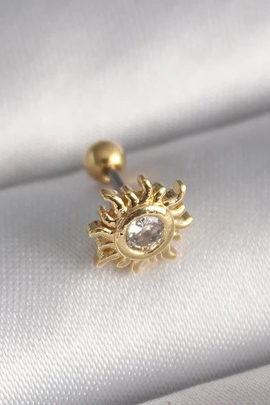 316L Çelik Gold Renk Zirkon Taşlı Güneş Tragus Piercing - TJ-PR1278