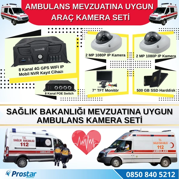 Ambulans Mevzuatına Uygun 2 Kameralı 8 Kanal Mobil NVR 500 GB 7 inç Monitörlü Tak Kullan Set