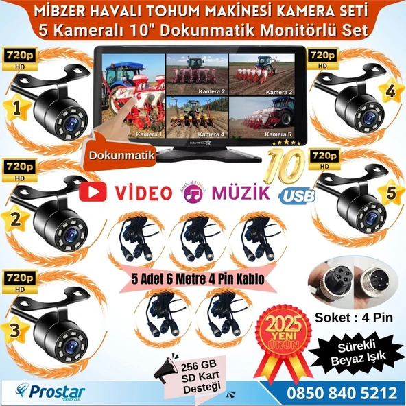 Mibzer için 5 Kameralı 10.36 inç Dokunmatik Monitör Beşe Bölen Kayıtlı 256 Gb Sd Kart Destekli