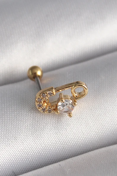 316L Çelik Gold Renk Zirkon Taşlı Toplu İğne Tragus Piercing - TJ-PR1274 - 1